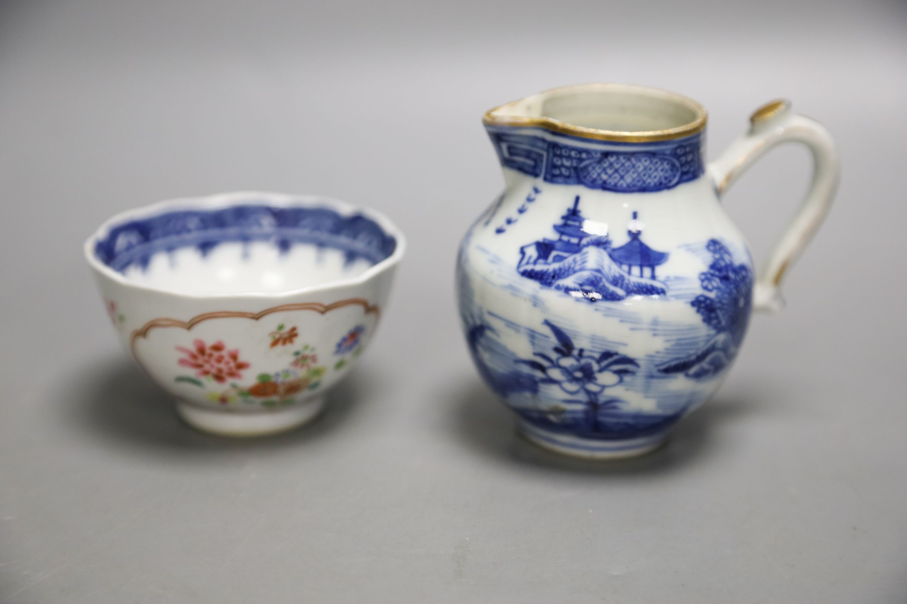 Chinese knife and two bone chopstick in bone inlaid shagreen case, Chinese export cream jug, tea bowl and pair of book-ends